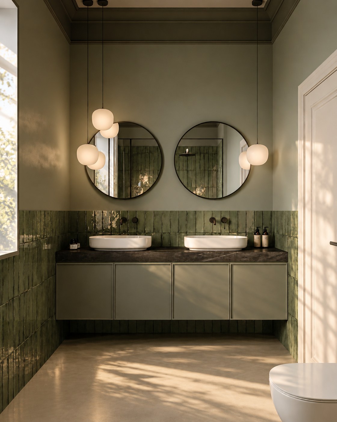 Bathroom with green tile and twin round mirrors