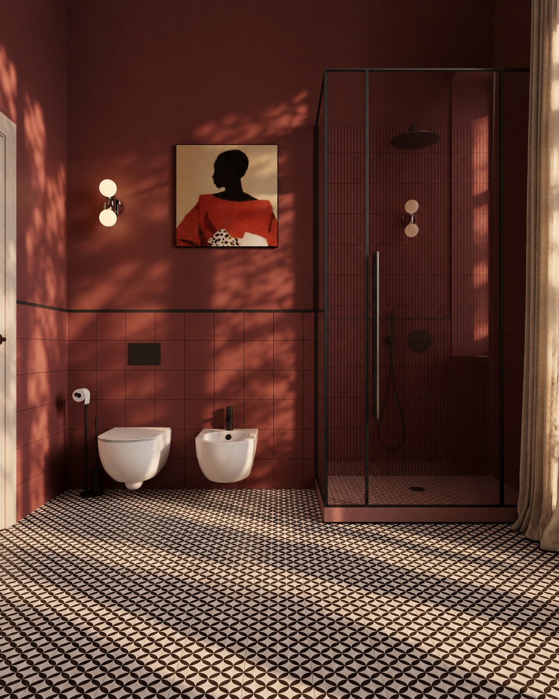 Burgundy bathroom with a shower and patterned floor