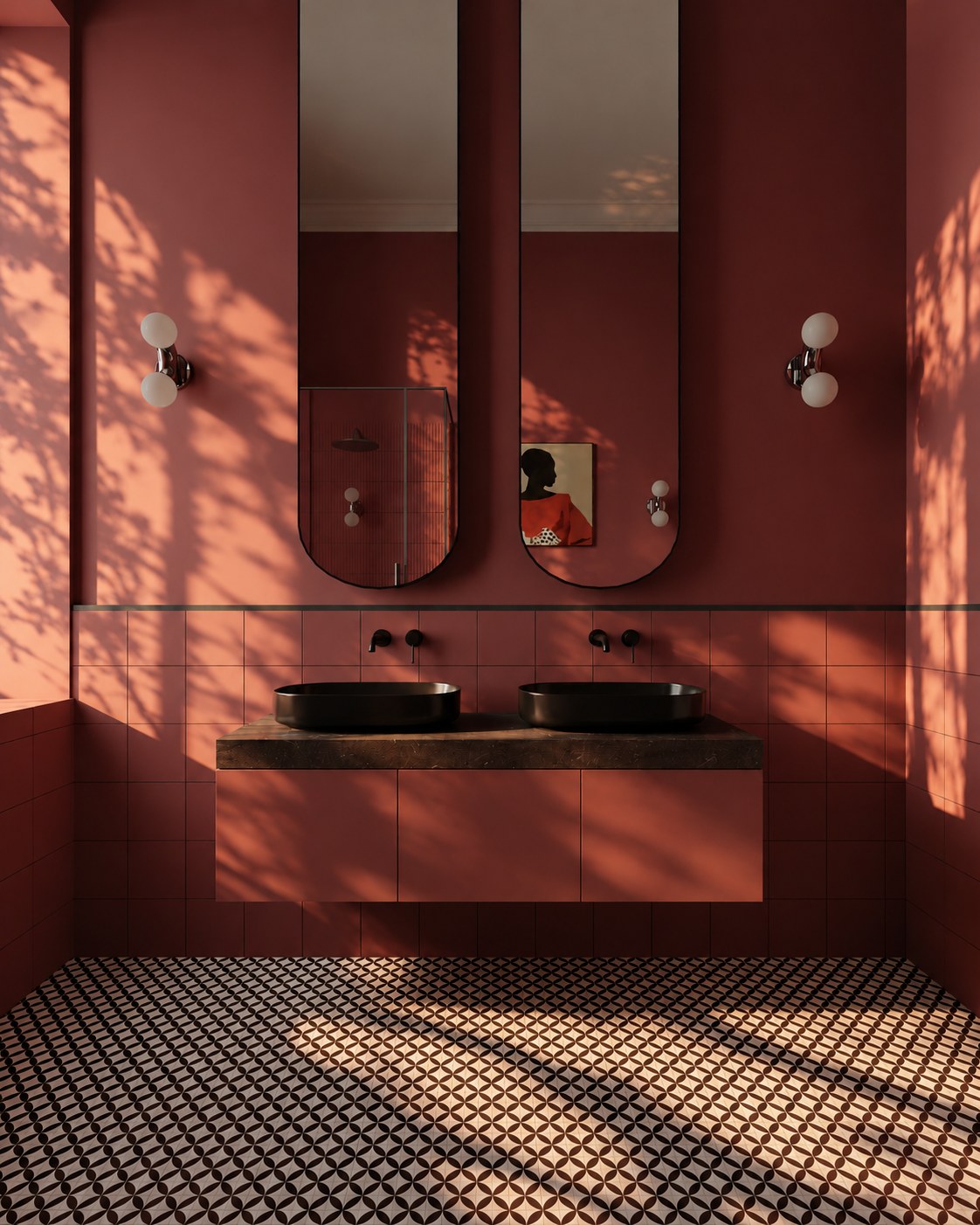 Burgundy bathroom with two basins and tall mirrors
