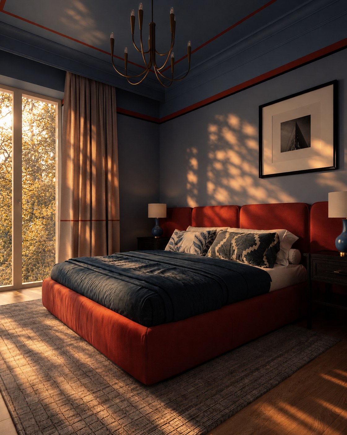 Blue bedroom with a red bed, towards the window