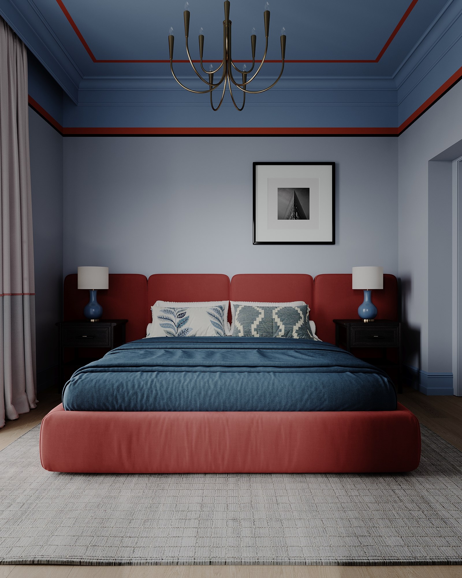 Blue bedroom with a red upholstered bed