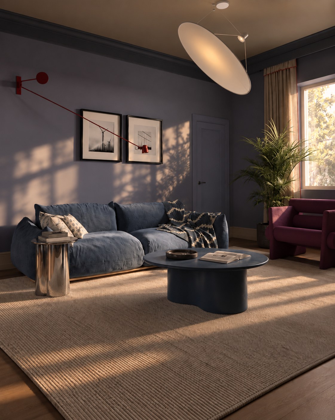 Blue living room with a swing-arm lamp