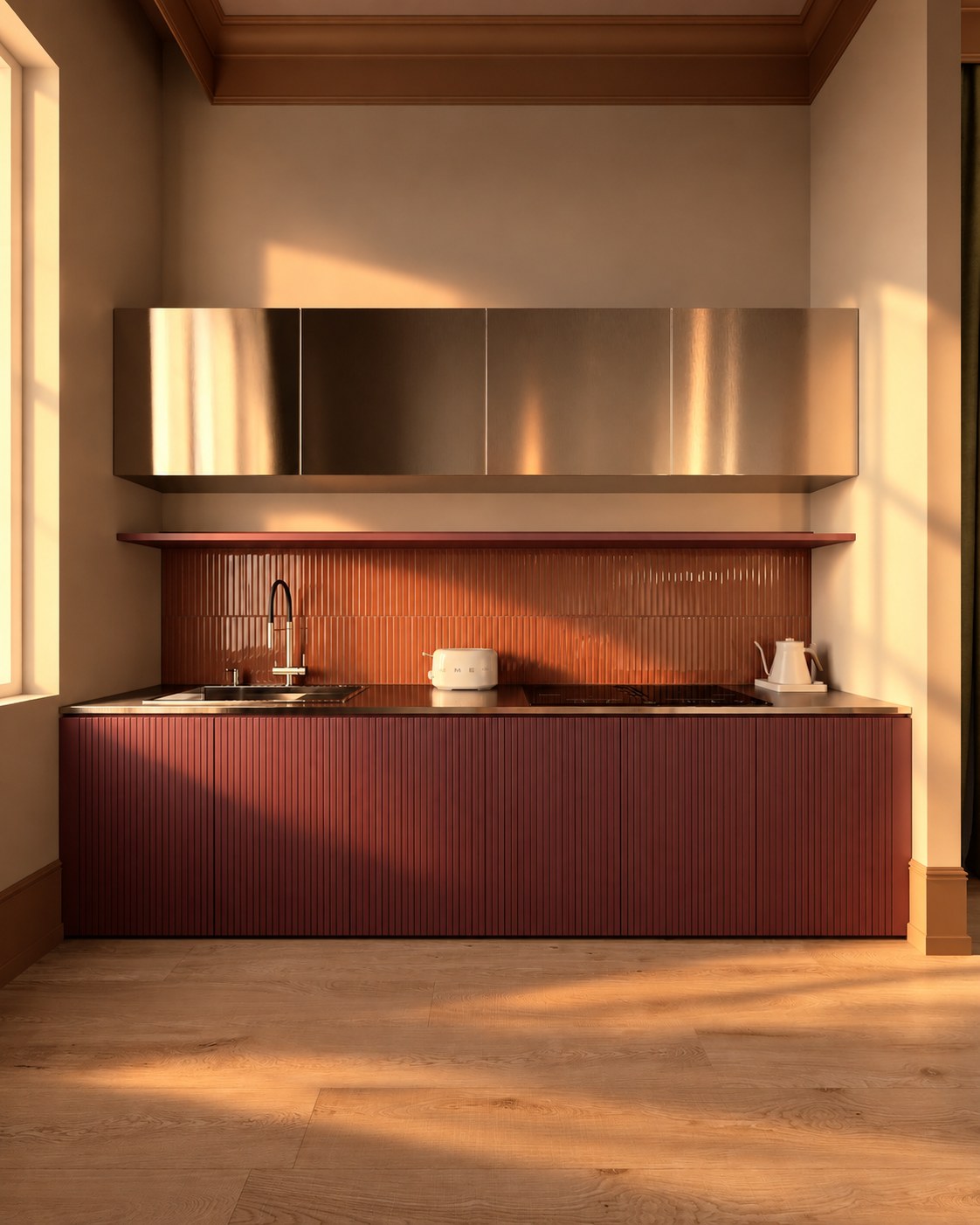 Burgundy kitchen with steel wall units