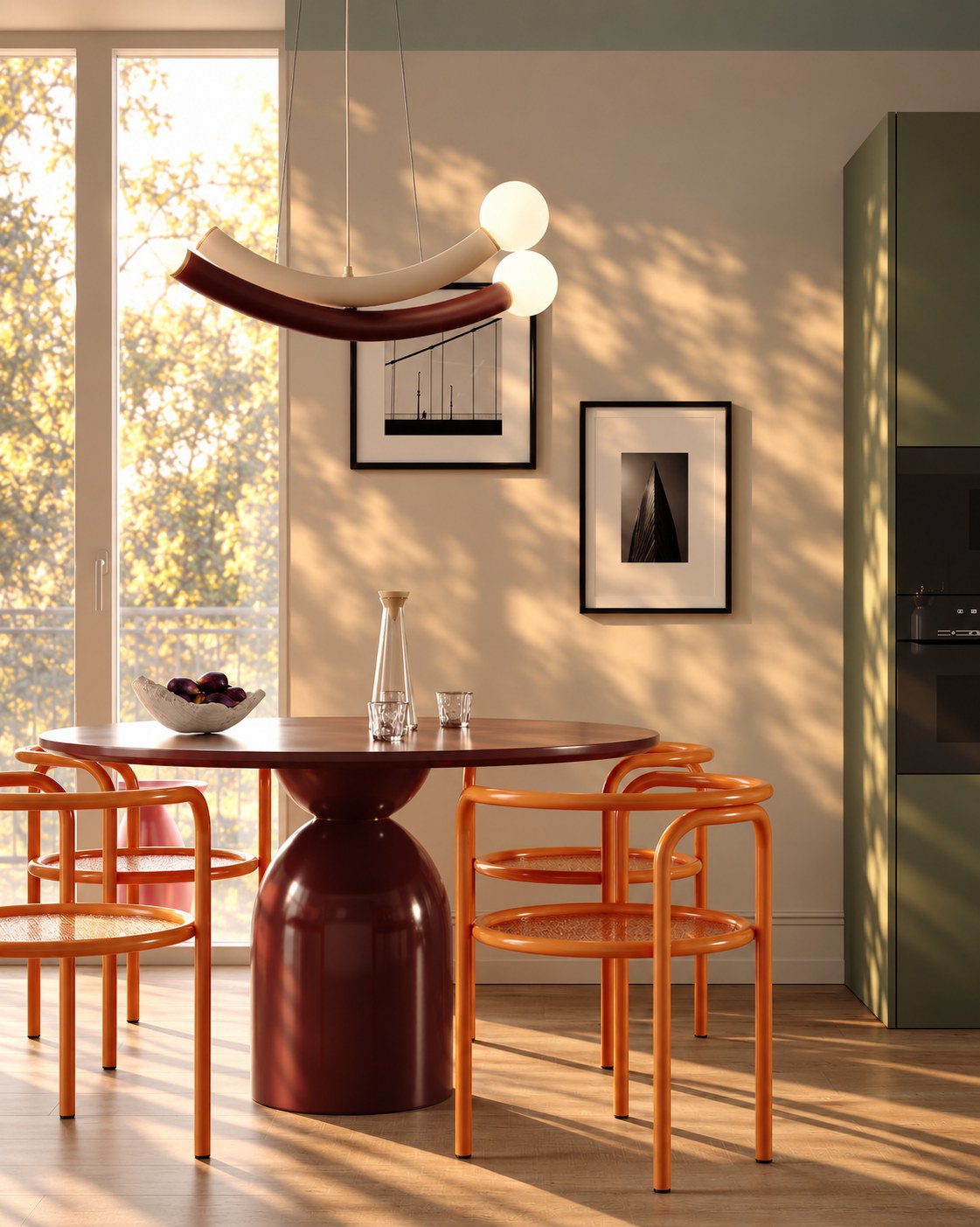 Dining table by the window, orange chairs