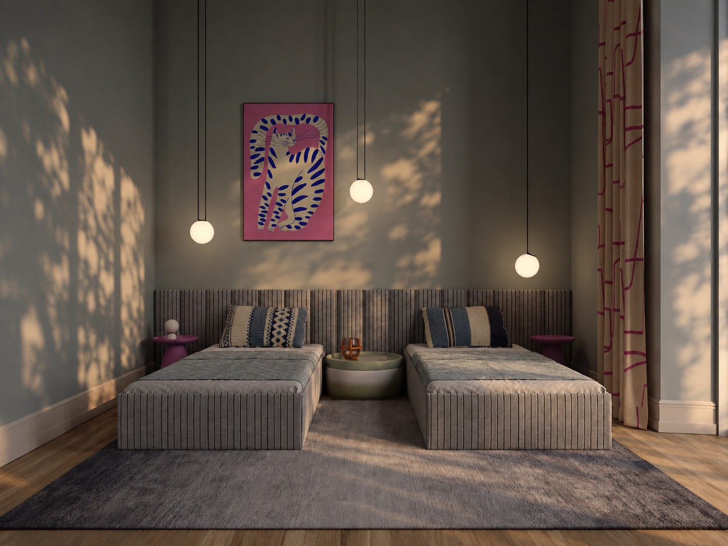 Children’s room with two low beds and pendant lights