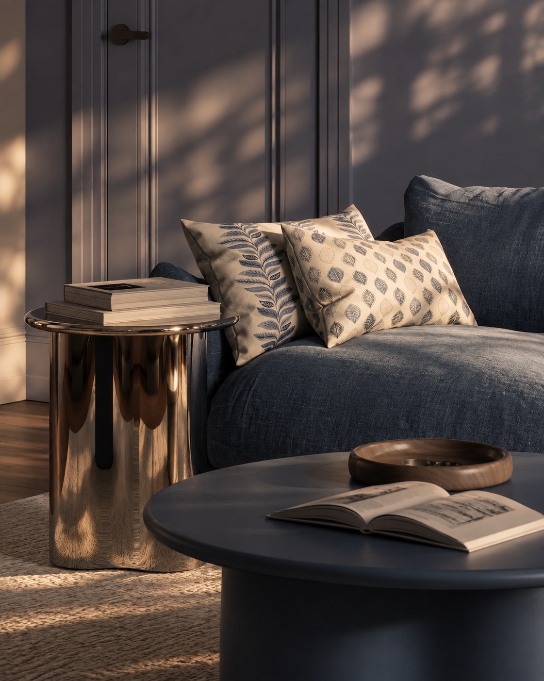 Detail: blue sofa, cushions and chrome side table
