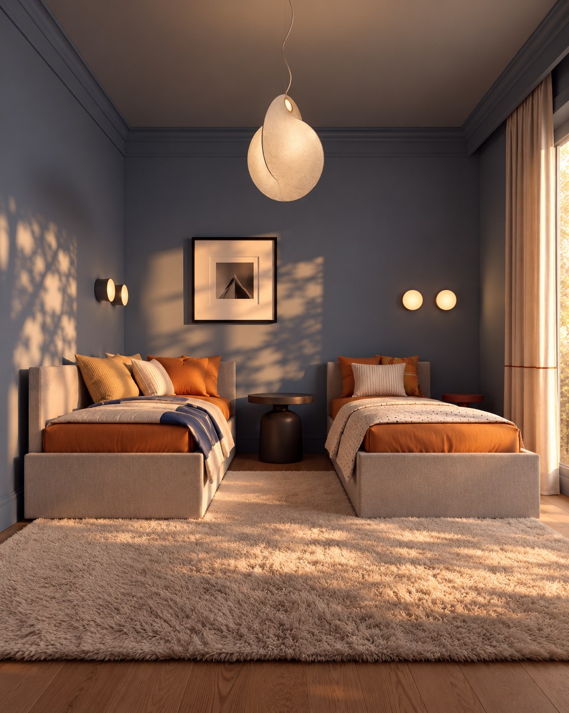 Bedroom with twin beds against blue walls