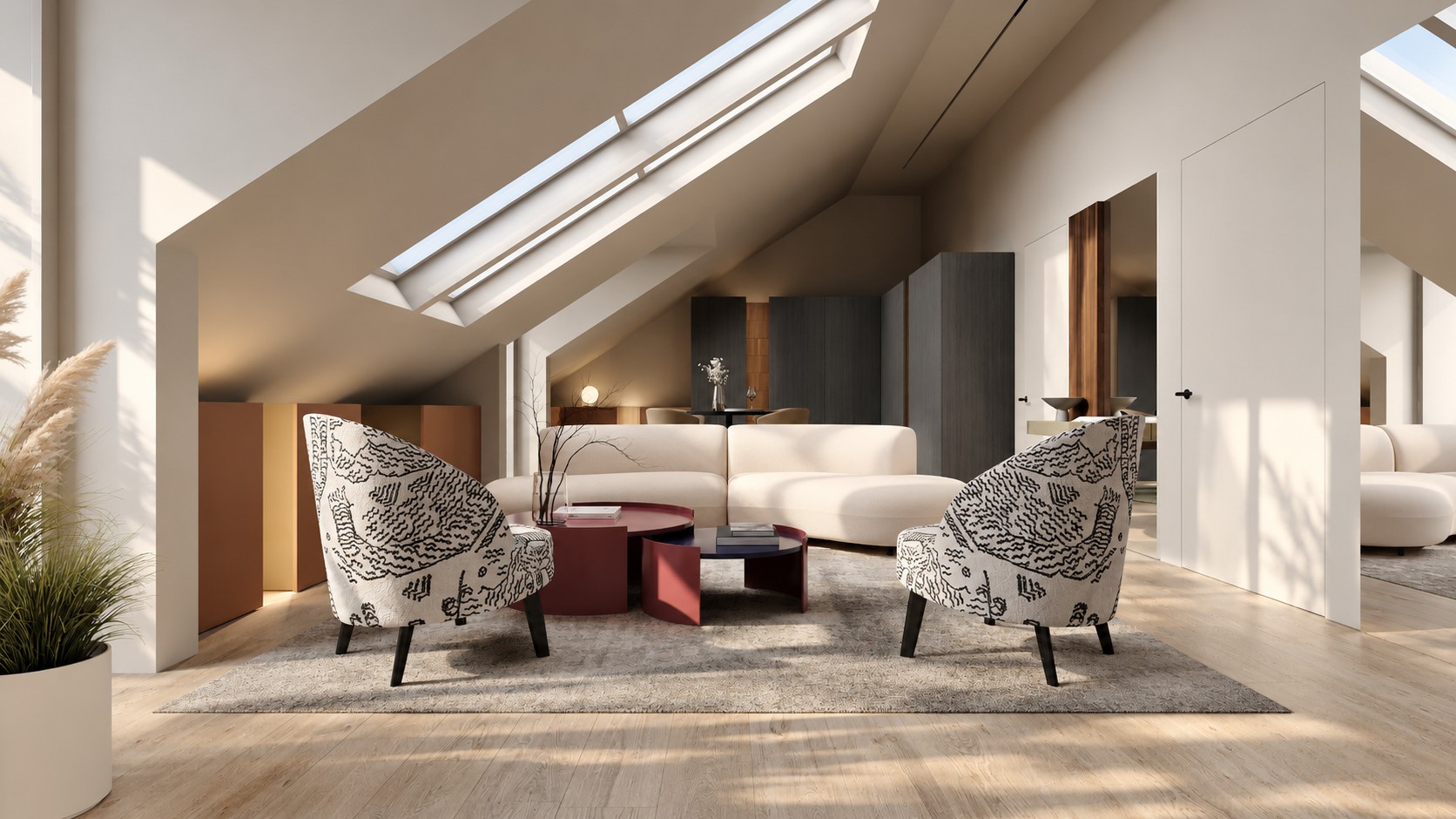 Living room with patterned armchairs beneath a sloping roof