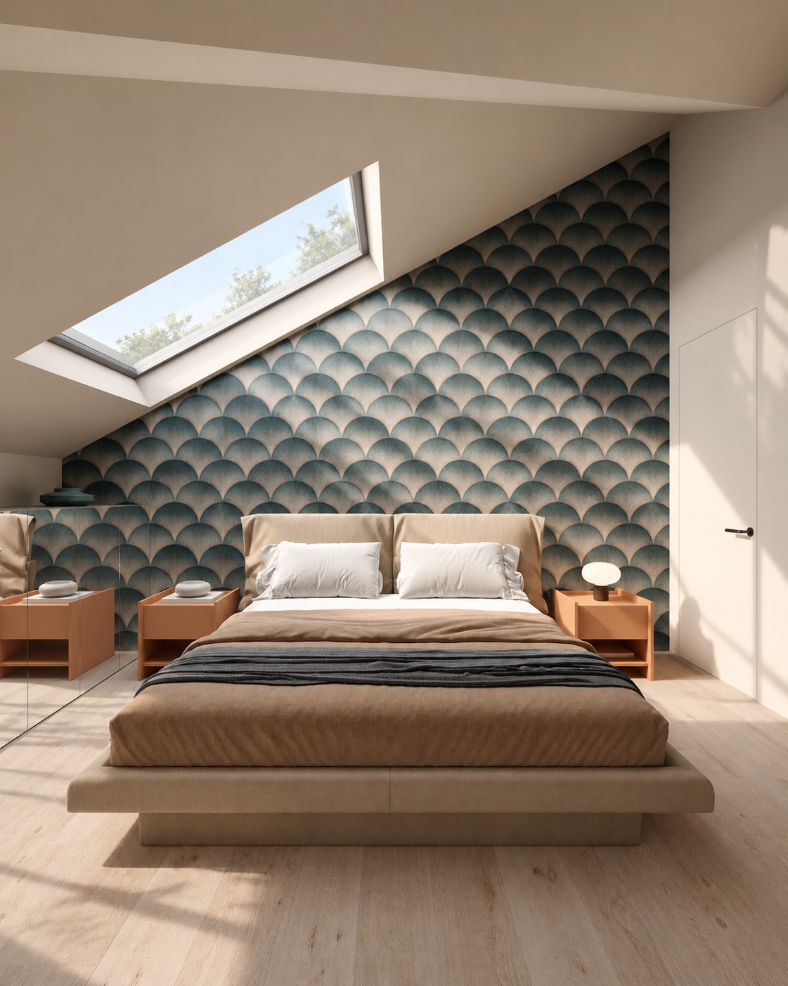 Bedroom with a scalloped wall beneath the skylight