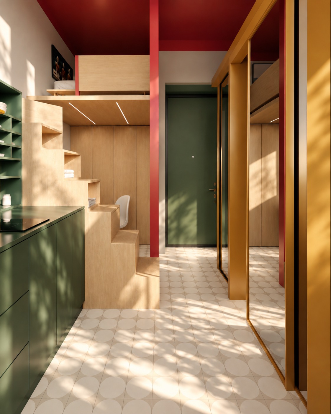 Kitchen and stair under the red ceiling, Via Santa Maria 12